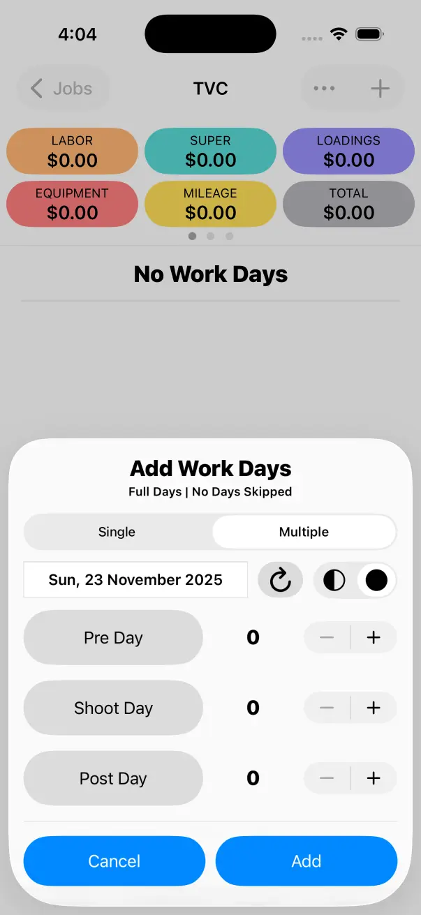 Tap the 'Add Work Day' Button