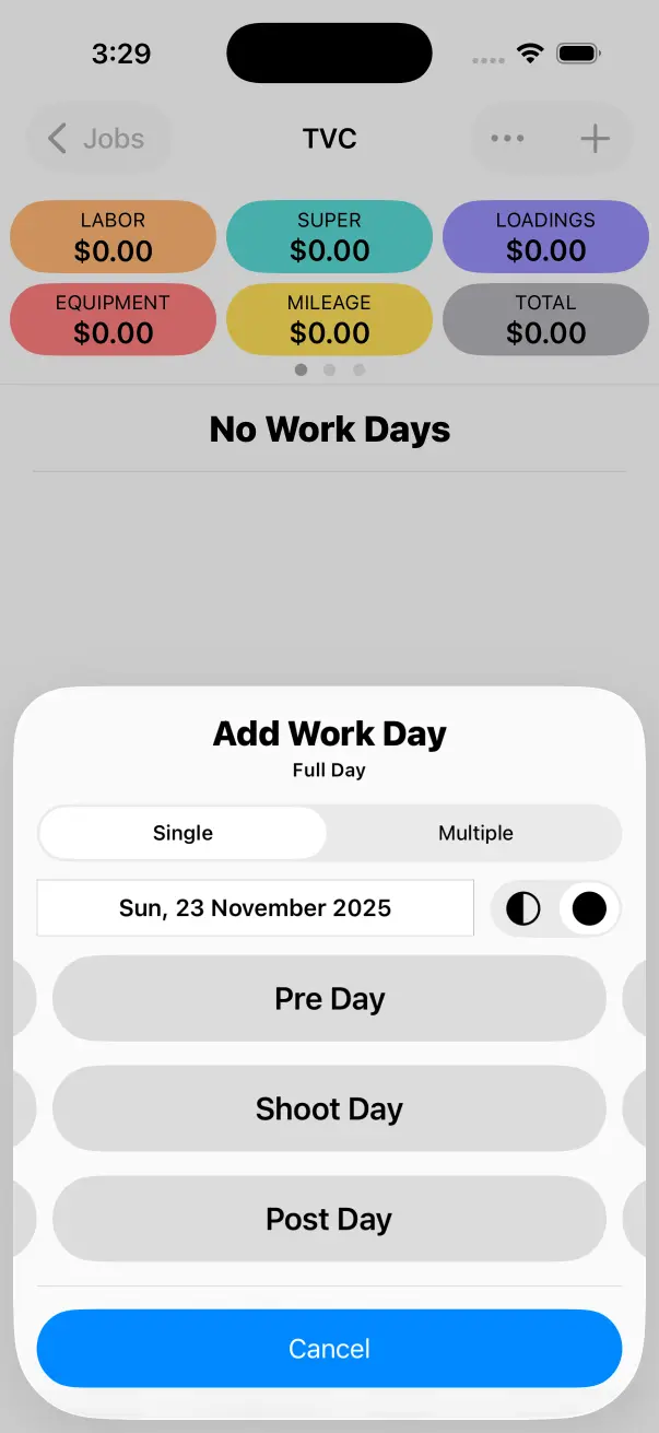Tap the 'Add Work Day' Button