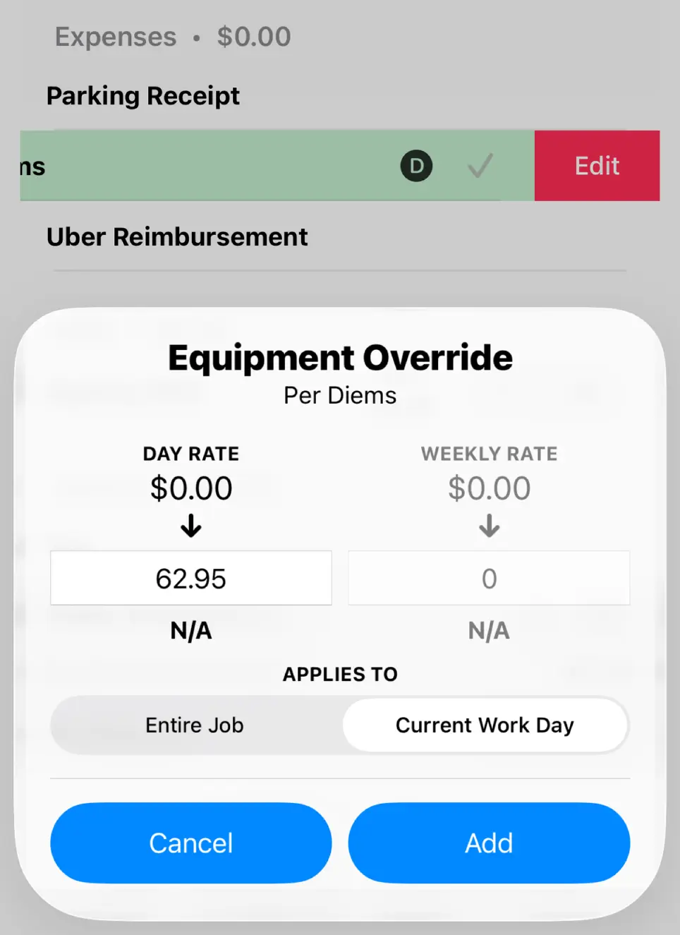 Per Diems Equipment Override